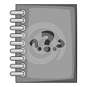 Notebook with question icon, gray monochrome style