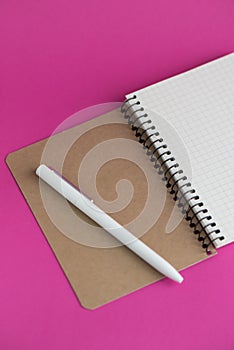 Top view of open notebook with fountain pen on pink background