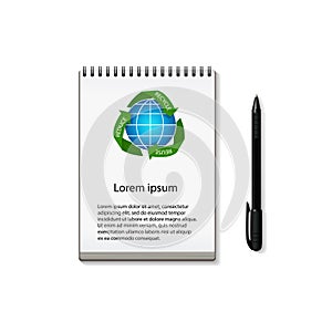 Notebook with recycling arrows around Earth globe