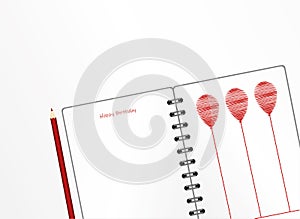 Notebook with red balloon hand-drawn. Dairy and pencils. Greeting card on holiday. Vector. A realistic notepad. Office stationery