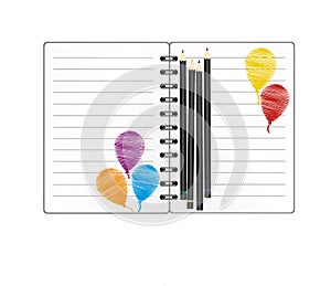 Notebook with red balloon hand-drawn. Dairy and pencils. Greeting card on holiday. Vector. A realistic notepad. Office stationery