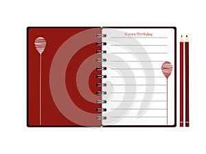 Notebook with red balloon hand-drawn. Dairy and pencils. Greeting card on holiday. Vector. A realistic notepad. Office stationery