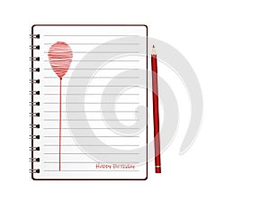 Notebook with red balloon hand-drawn. Dairy and pencils. Greeting card on holiday. Vector. A realistic notepad. Office stationery