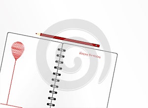 Notebook with red balloon hand-drawn. Dairy and pencils. Greeting card on holiday. Vector. A realistic notepad. Office stationery