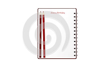 Notebook with red balloon hand-drawn. Dairy and pencils. Greeting card on holiday. Vector. A realistic notepad. Office stationery