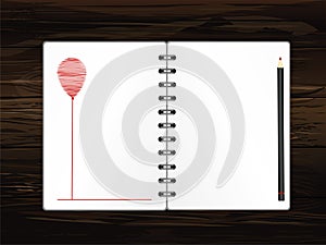 Notebook with red balloon hand-drawn. Dairy and pencils. Greeting card on holiday. Vector on wooden background. A realistic