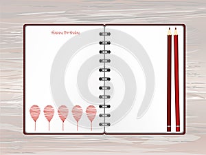 Notebook with red balloon hand-drawn. Dairy and pencils. Greeting card on holiday. Vector on wooden background. A realistic