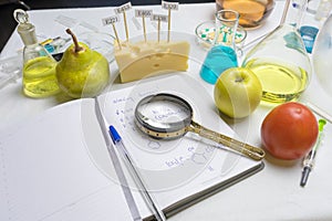 Notebook with research report and blue pen on the lab table. In the cheese are signs with the code E-supplements. Nearby On the