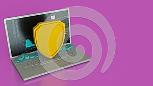 The notebook and shield for cyber security concept 3d rendering