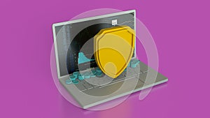The notebook and shield for cyber security concept 3d rendering