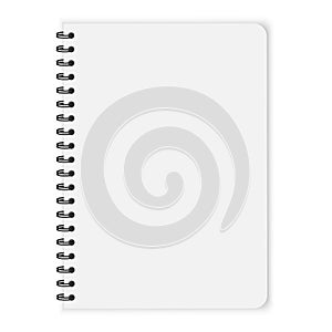 Notebook on a spiral. Blank notepad in mocap style. Book bound by rings. White planner made of paper. Vector image.