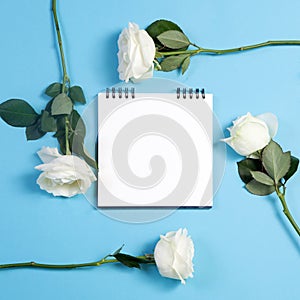 Notebook on the springs with a white rose on a blue background with an empty space for notes.