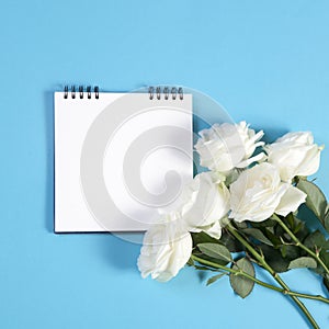 Notebook on the springs with a white rose on a blue background with an empty space for notes.