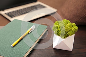 Notebook with stabilized moss on brown background