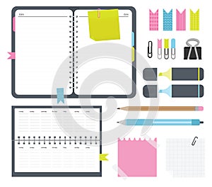Notebook with stickers, calendar, paper clips, markers, pen and pencil. Set elements in flat design