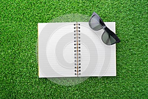 Notebook and sunglasses on green grass.