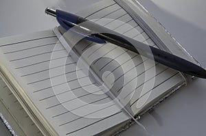 Notebook with tab lined and ballpoint pen prepared for writing