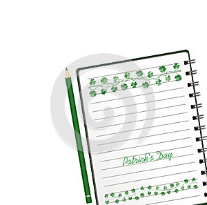 Notebook with template hand-drawn Green festive bunting with clover and pencil. Irish holiday - Happy St. Patrick`s Day with a