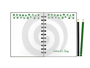 Notebook with template hand-drawn Green festive bunting with clover and pencil. Irish holiday - Happy St. Patrick`s Day with a