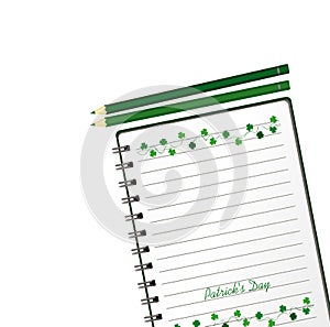 Notebook with template hand-drawn Green festive bunting with clover and pencil. Irish holiday - Happy St. Patrick`s Day with a