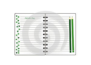 Notebook with template hand-drawn Green festive bunting with clover and pencil. Irish holiday - Happy St. Patrick`s Day with a