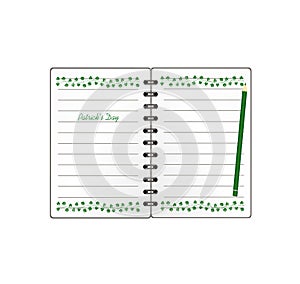 Notebook with template hand-drawn Green festive bunting with clover and pencil. Irish holiday - Happy St. Patrick`s Day with a