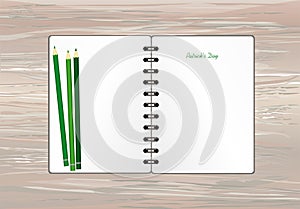 Notebook with template hand-drawn Green festive bunting with clover and pencil. Irish holiday - Happy St. Patrick`s Day with a