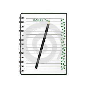 Notebook with template hand-drawn Green festive bunting with clover and pencil. Irish holiday - Happy St. Patrick`s Day