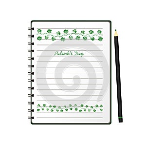 Notebook with template hand-drawn Green festive bunting with clover and pencil. Irish holiday - Happy St. Patrick`s Day