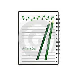 Notebook with template hand-drawn Green festive bunting with clover and pencil. Irish holiday - Happy St. Patrick`s Day with a gar