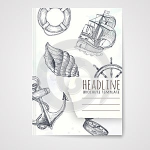 Notebook template with hand drawn nautical objects.