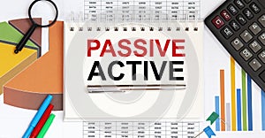 Notebook with Tools and Notes with text PASSIVE ACTIVE with chart