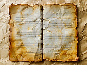 A notebook with a torn cover on top of a paper