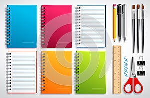 Notebook vector set with school items and office supplies isolated in white background