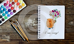 Notebook with watercolor bear and flower bouquet