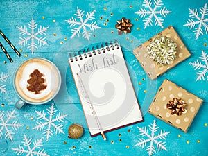 Notebook with wish list ,gift boxes and coffee cup