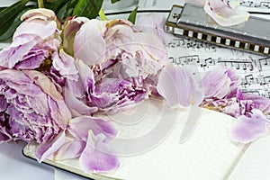 Notebook with withered peonies and harmonica