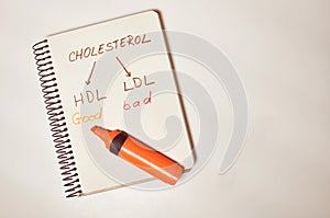 Notebook written by had with the concept message Cholesterol good HDL and bad LDL photo