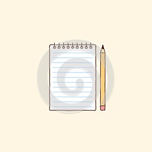 Notebook and yellow pencil. Hand drawn vector art illustration.