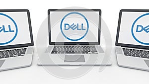 Notebooks with Dell Inc. logo on the screen. Computer technology conceptual editorial 3D rendering