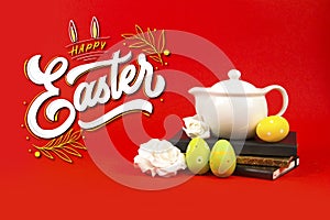 Notebooks, Easter eggs and white tea pot on a red background