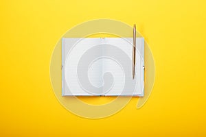 Notebooks and pen on a yellow background