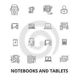 Notebooks and tablets, laptop, screen, notepad, computer, gadget, pc line icons. Editable strokes. Flat design vector
