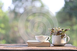 notebooks and white coffee cup with Nerve plant in small cup pot on wooden table