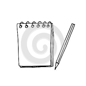 Notepad blank sheet and pencil icon, sticker. sketch hand drawn doodle style. , minimalism, monochrome. write, notes, stationery,