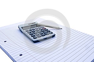 Notepad with blue and white calculator with with solar power and pencil for accounts, business, education etc