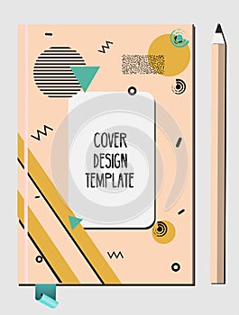 Notepad, book cover design template with abstract 80s 90s style geometric memphis style pattern