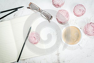 Notepad, cakes and coffee, romantic