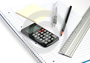 Notepad calculator pen pencil ruler