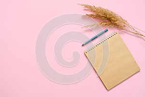 Notepad with craft brown sheets and a bouquet of dry grass on a pink background.